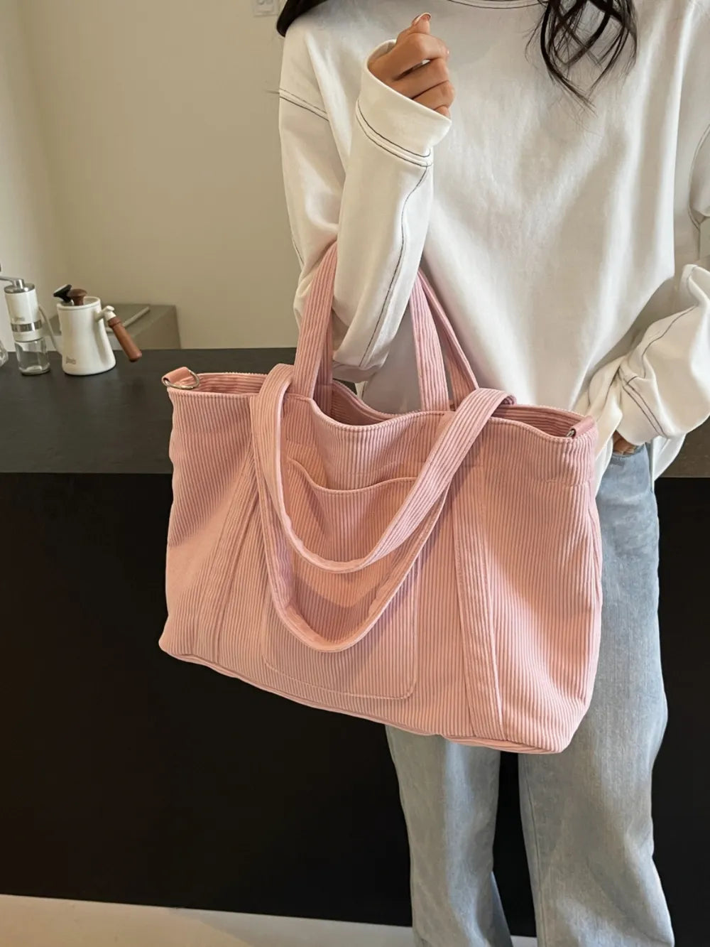 Corduroy Solid Large Tote Bag - Tote Bag by Trendsi | Available at Handbags Specialist Headquarter