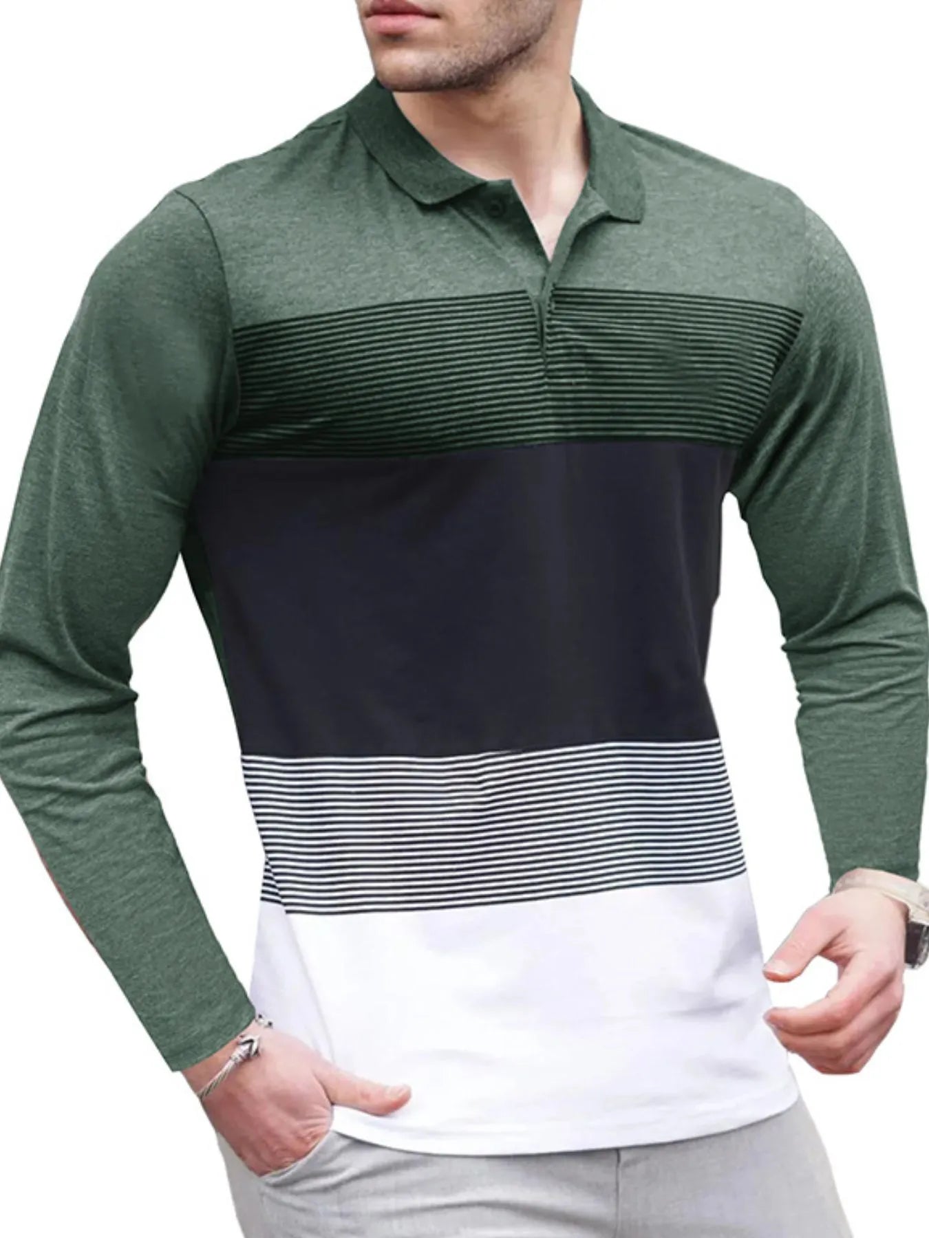 Men's Color Block Striped Long Sleeve Polo Shirt - Men's Polo shirt by Trendsi | Available at Handbags Specialist Headquarter