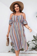 Plus Size Striped Cold-Shoulder Dress - Dresses by Trendsi | Available at Handbags Specialist Headquarter
