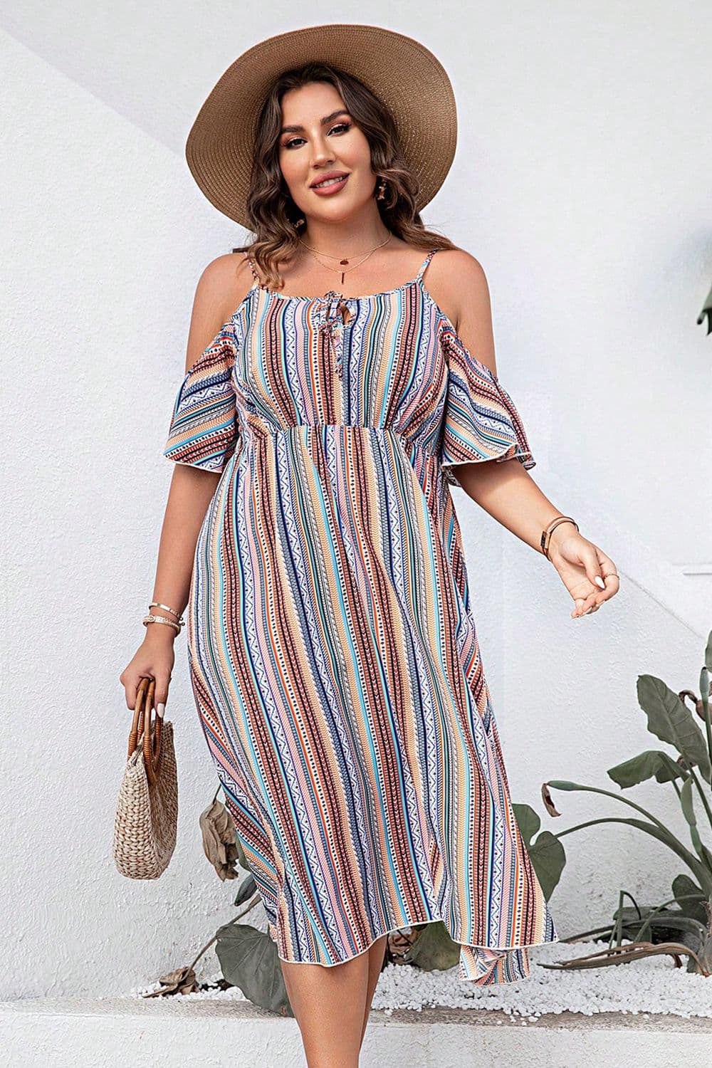 Plus Size Striped Cold-Shoulder Dress - Dresses by Trendsi | Available at Handbags Specialist Headquarter