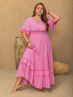 Plus Size V-Neck Half Sleeve Maxi Dress - Dresses by Trendsi | Available at Handbags Specialist Headquarter