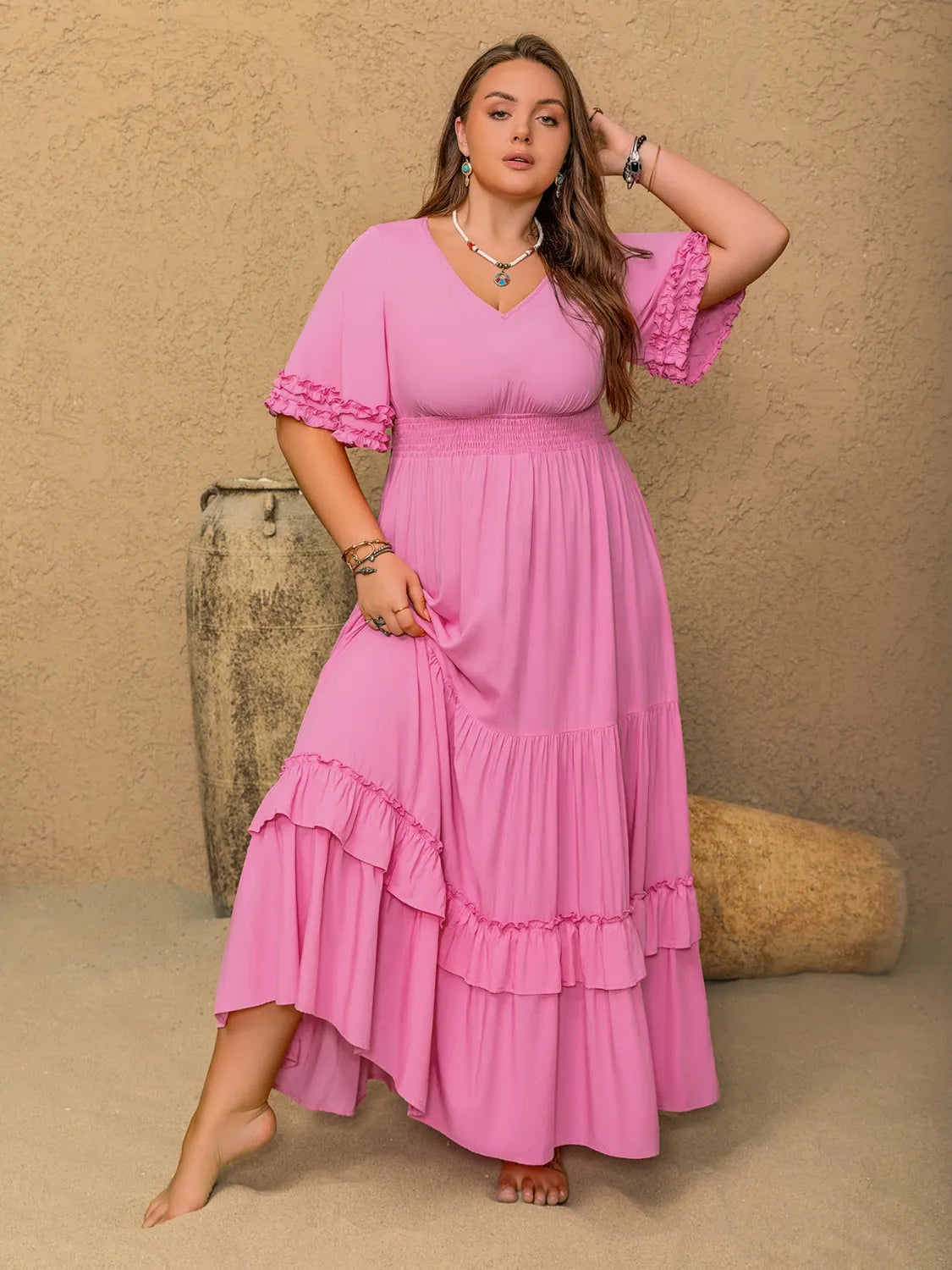 Plus Size V-Neck Half Sleeve Maxi Dress - Dresses by Trendsi | Available at Handbags Specialist Headquarter