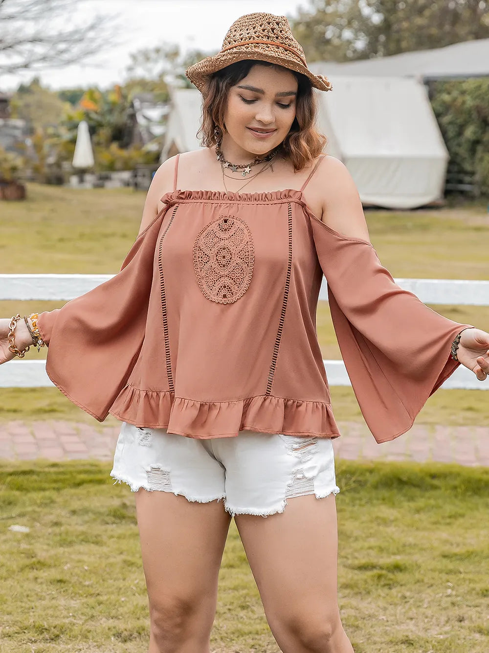 Plus Size Frill Square Neck Long Sleeve Blouse - Plus Size Shirts by Trendsi | Available at Handbags Specialist Headquarter