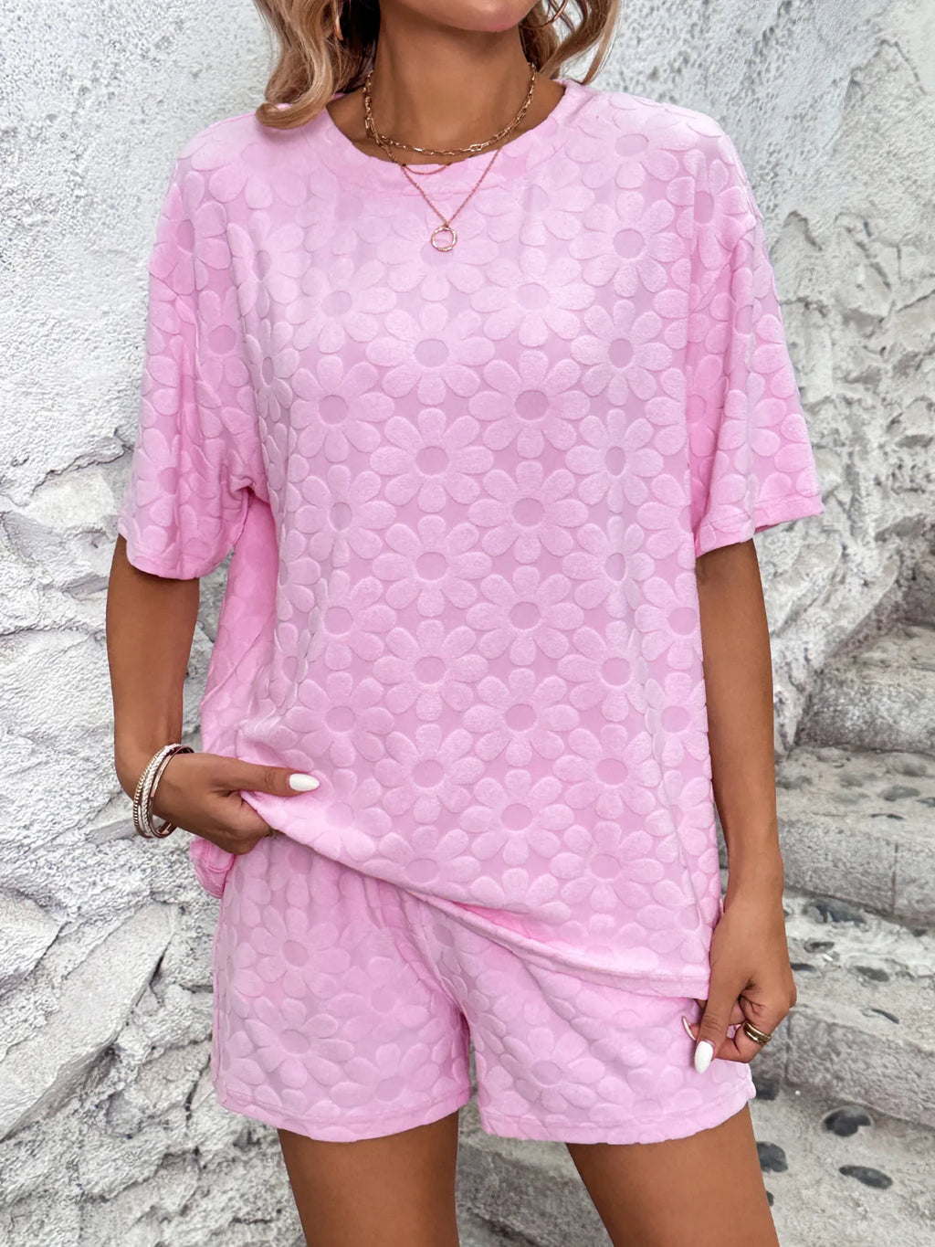 Flower Round Neck Top and Shorts Lounge Set - Sleepwear by Trendsi | Available at Handbags Specialist Headquarter
