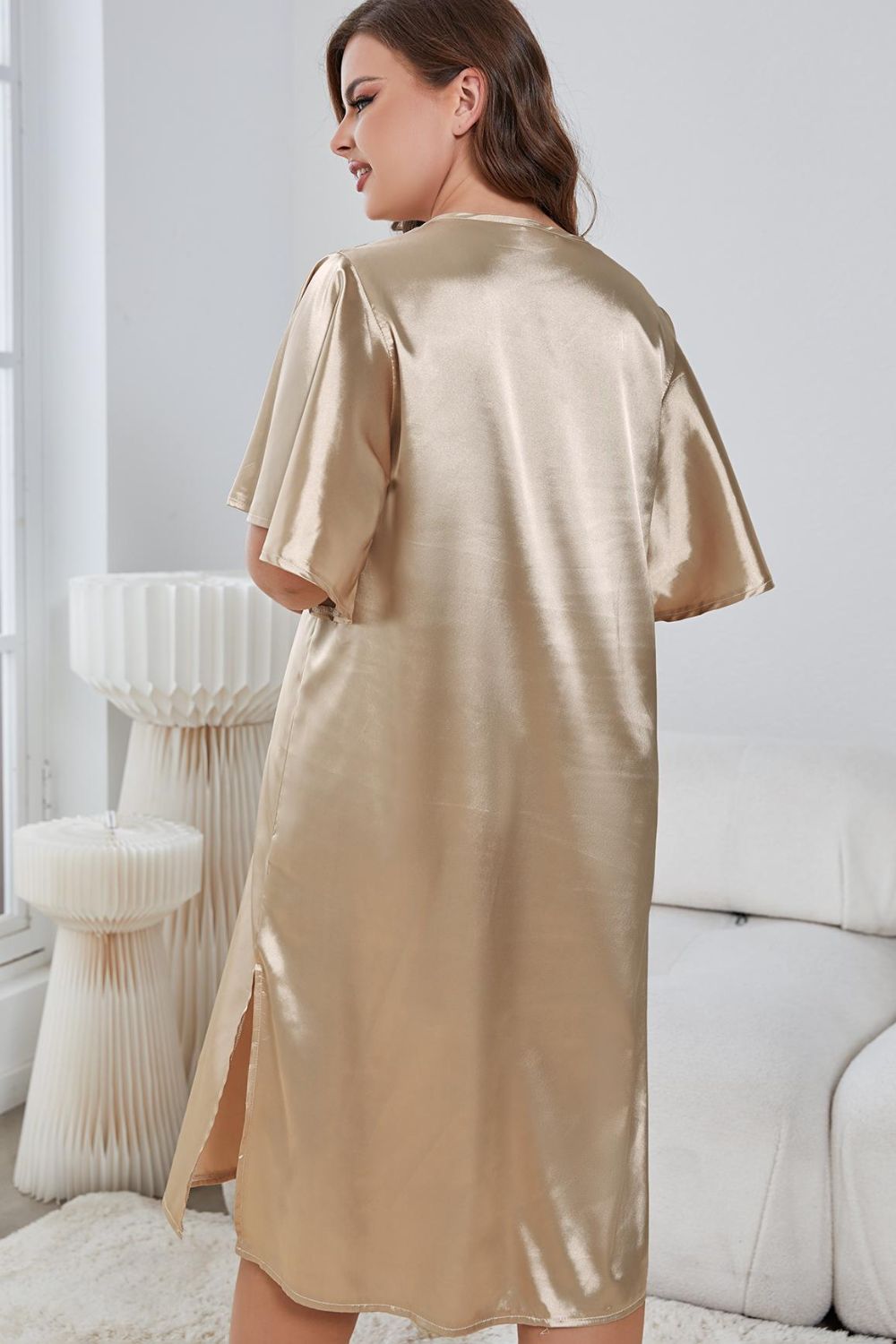 Plus Size Flutter Sleeve V-Neck Side Slit Night Gown - Sleepwear by Trendsi | Available at Handbags Specialist Headquarter