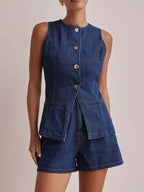 Button Down Vest and Shorts Denim Set - Women / Jeans & Denim by Trendsi | Available at Handbags Specialist Headquarter