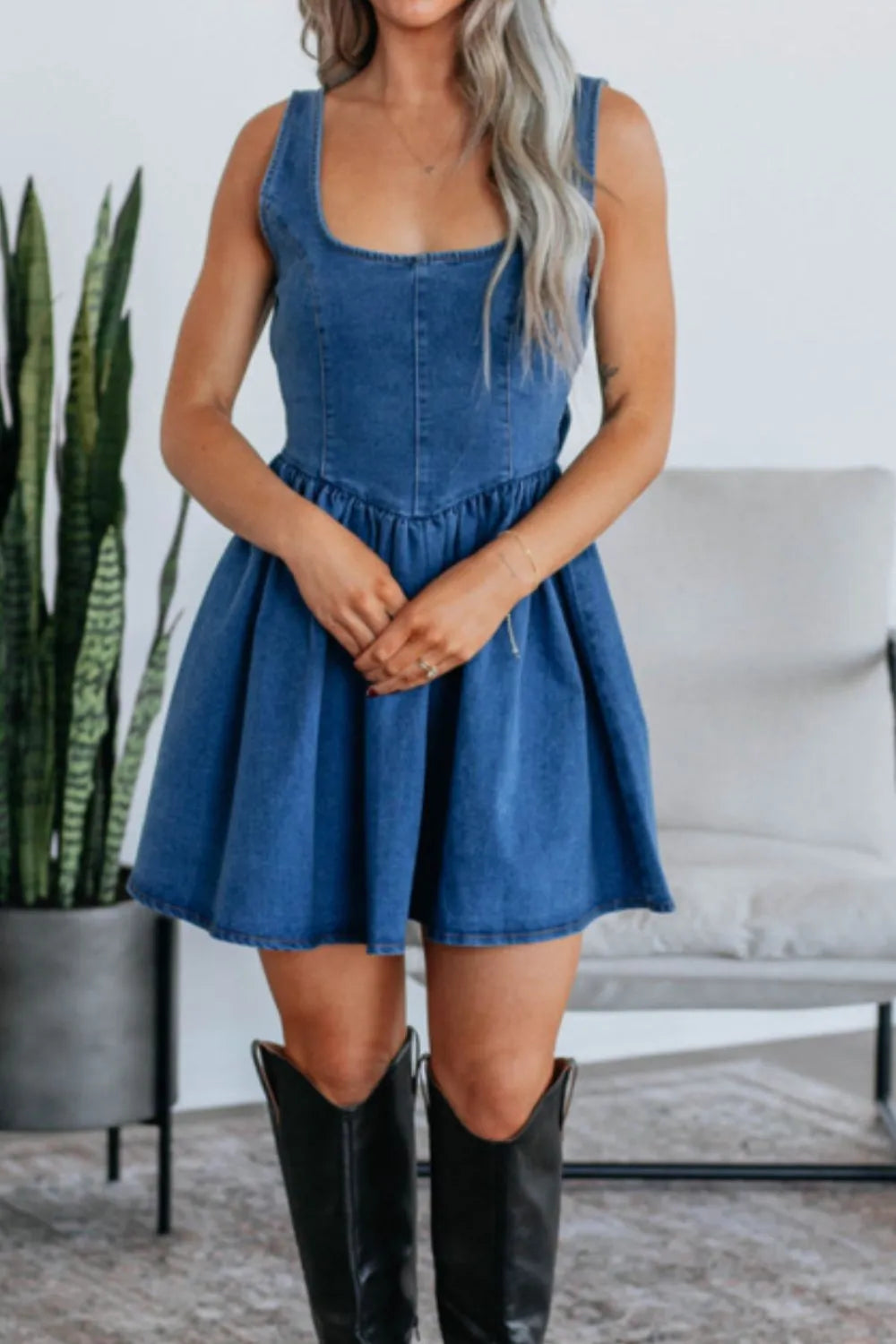 V-Back Bow Tie Denim Skater Dress - Women / Jeans & Denim by Trendsi | Available at Handbags Specialist Headquarter