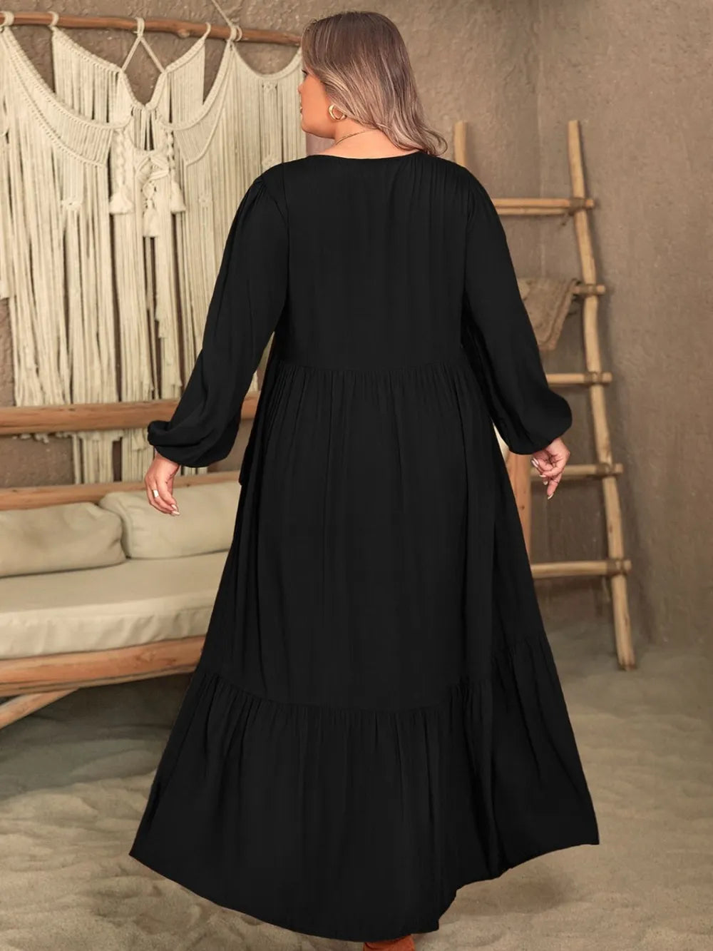 Plus Size Ruffled V-Neck Long Sleeve Dress - Dresses by Trendsi | Available at Handbags Specialist Headquarter