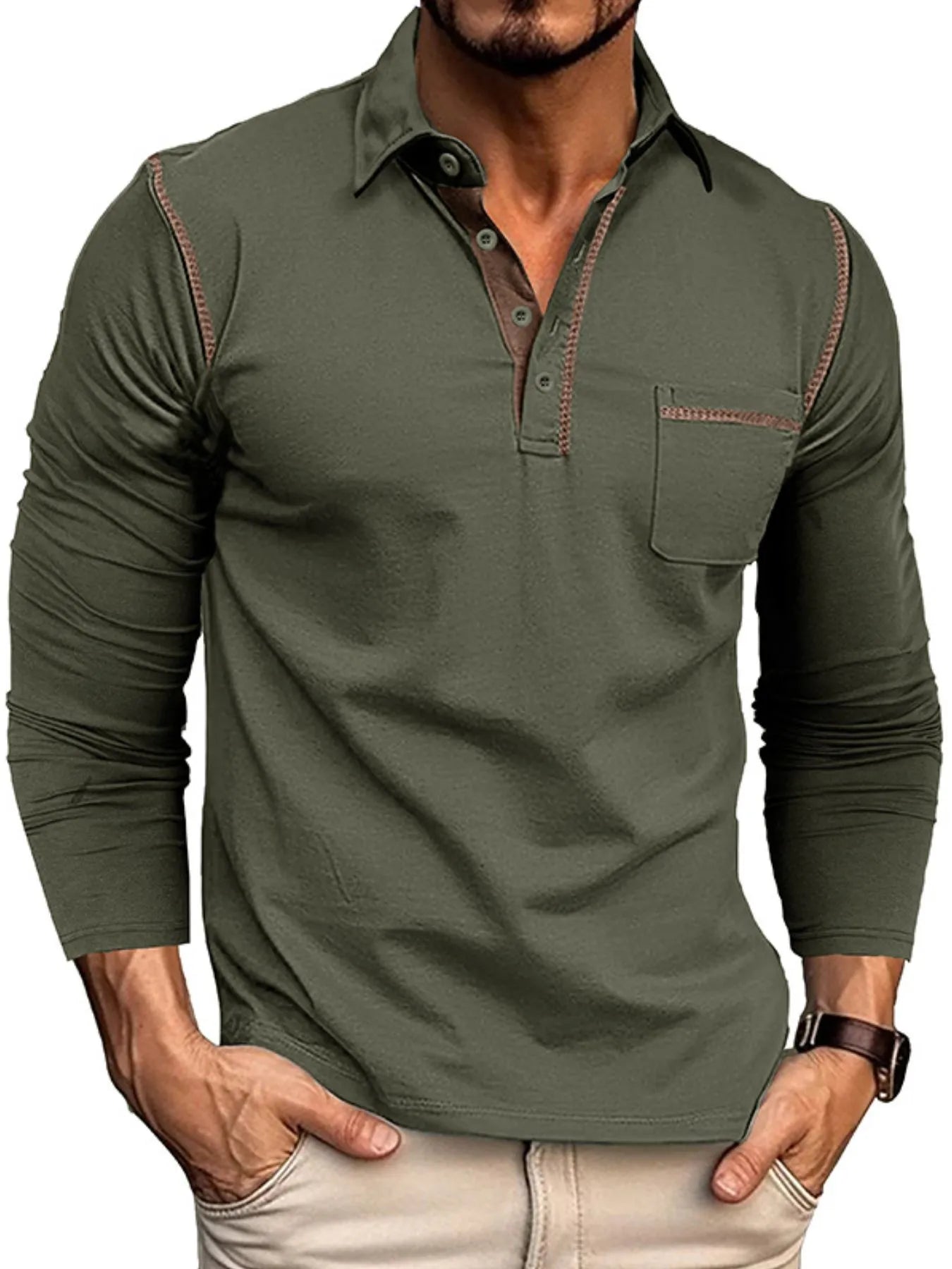 Men's Long Sleeve Polo Shirt with Contrast Stitching - Men's Polo shirt by Trendsi | Available at Handbags Specialist Headquarter