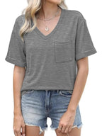 V-Neck Pocket T-Shirt - Tops by Trendsi | Available at Handbags Specialist Headquarter