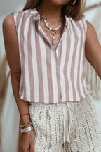 Stripe Button Down Sleeveless Shirt - Women's Down Shirt Tops by Trendsi | Available at Handbags Specialist Headquarter