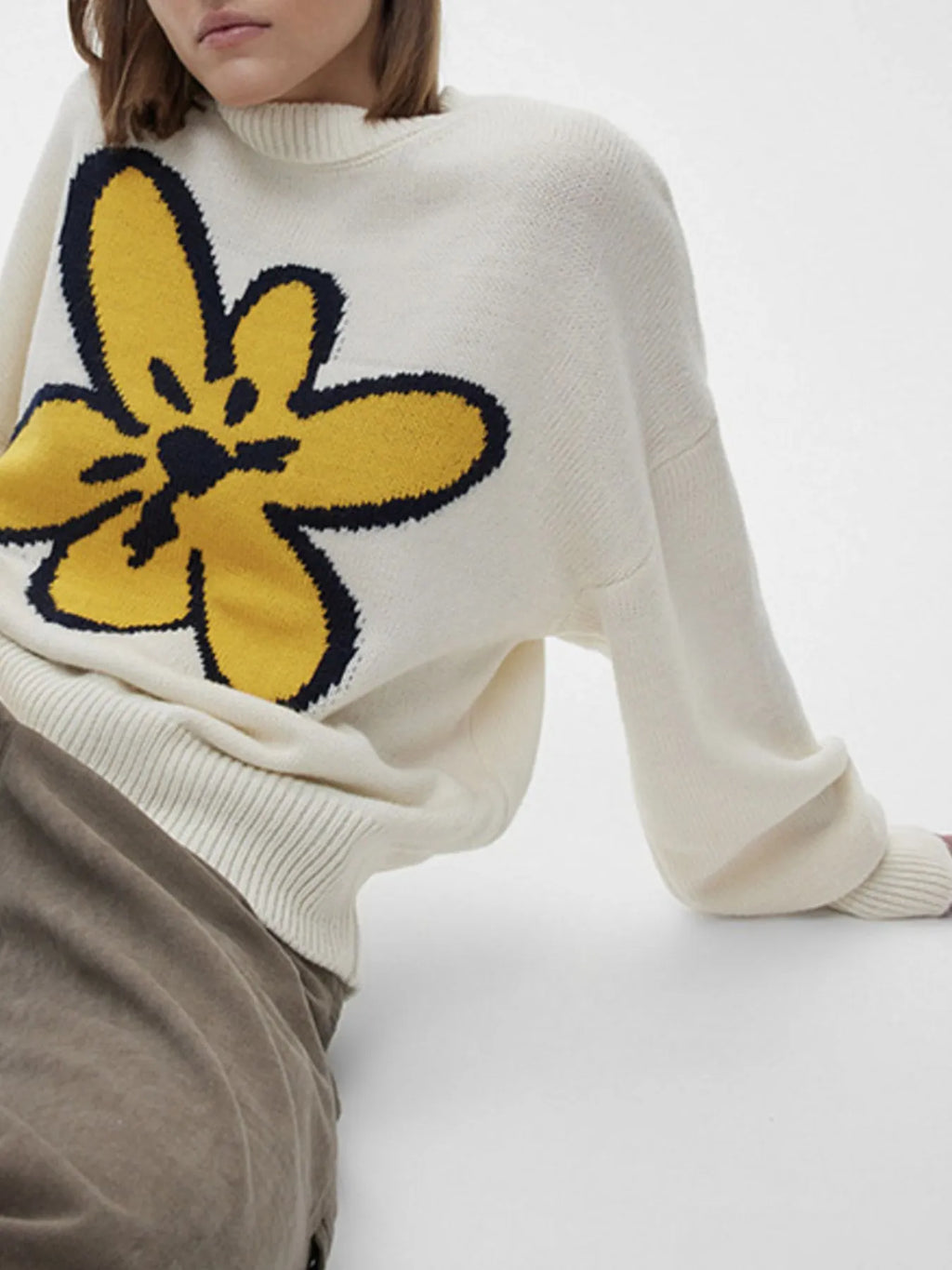 Flower Ribbed Hem Round Neck Sweater - Tops by Trendsi | Available at Handbags Specialist Headquarter