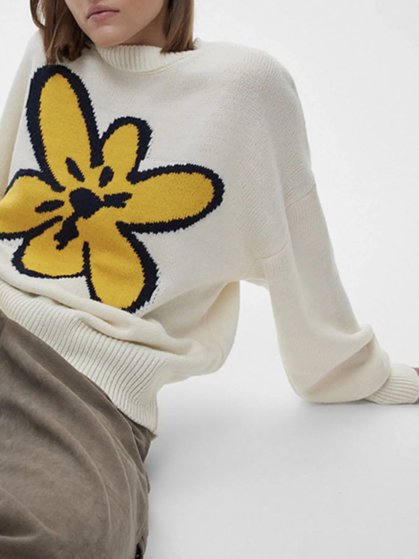 Flower Ribbed Hem Round Neck Sweater - Tops by Trendsi | Available at Handbags Specialist Headquarter