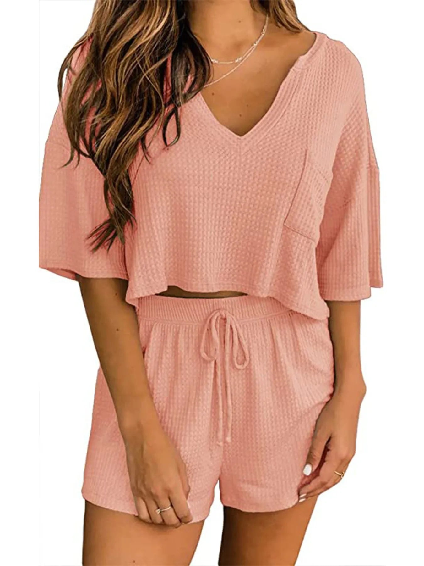 Waffle Knit Top and Shorts Lounge Set - Sleepwear by Trendsi | Available at Handbags Specialist Headquarter