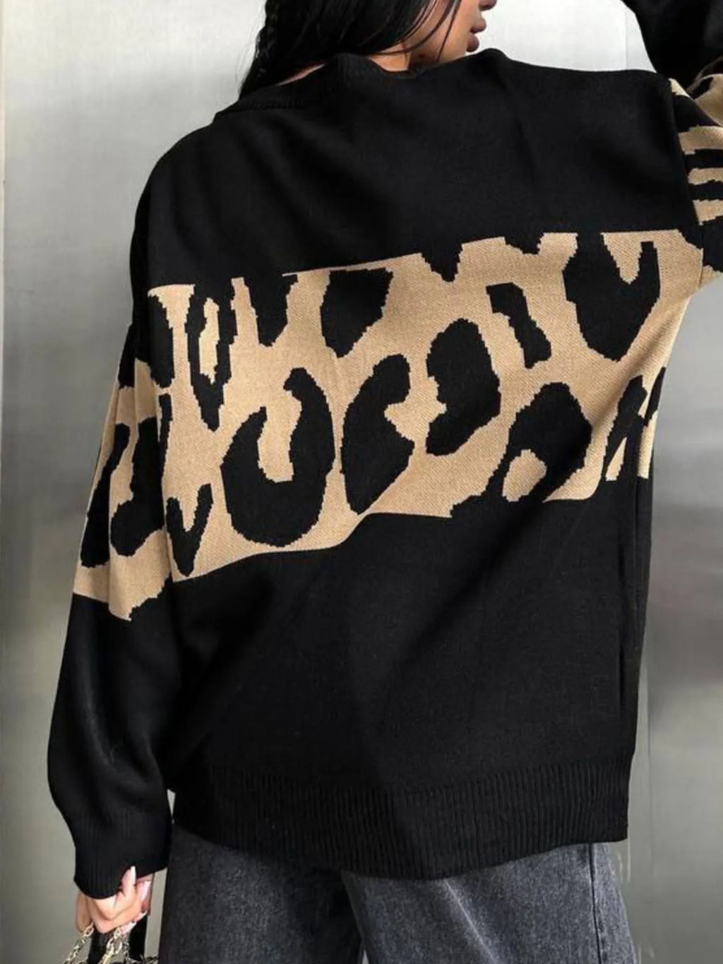 Leopard Color Block Round Neck Sweater - Tops by Trendsi | Available at Handbags Specialist Headquarter