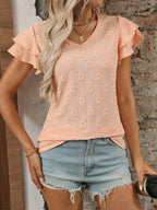 Eyelet V-Neck Ruffled Cap Sleeve Top - Tops by Trendsi | Available at Handbags Specialist Headquarter