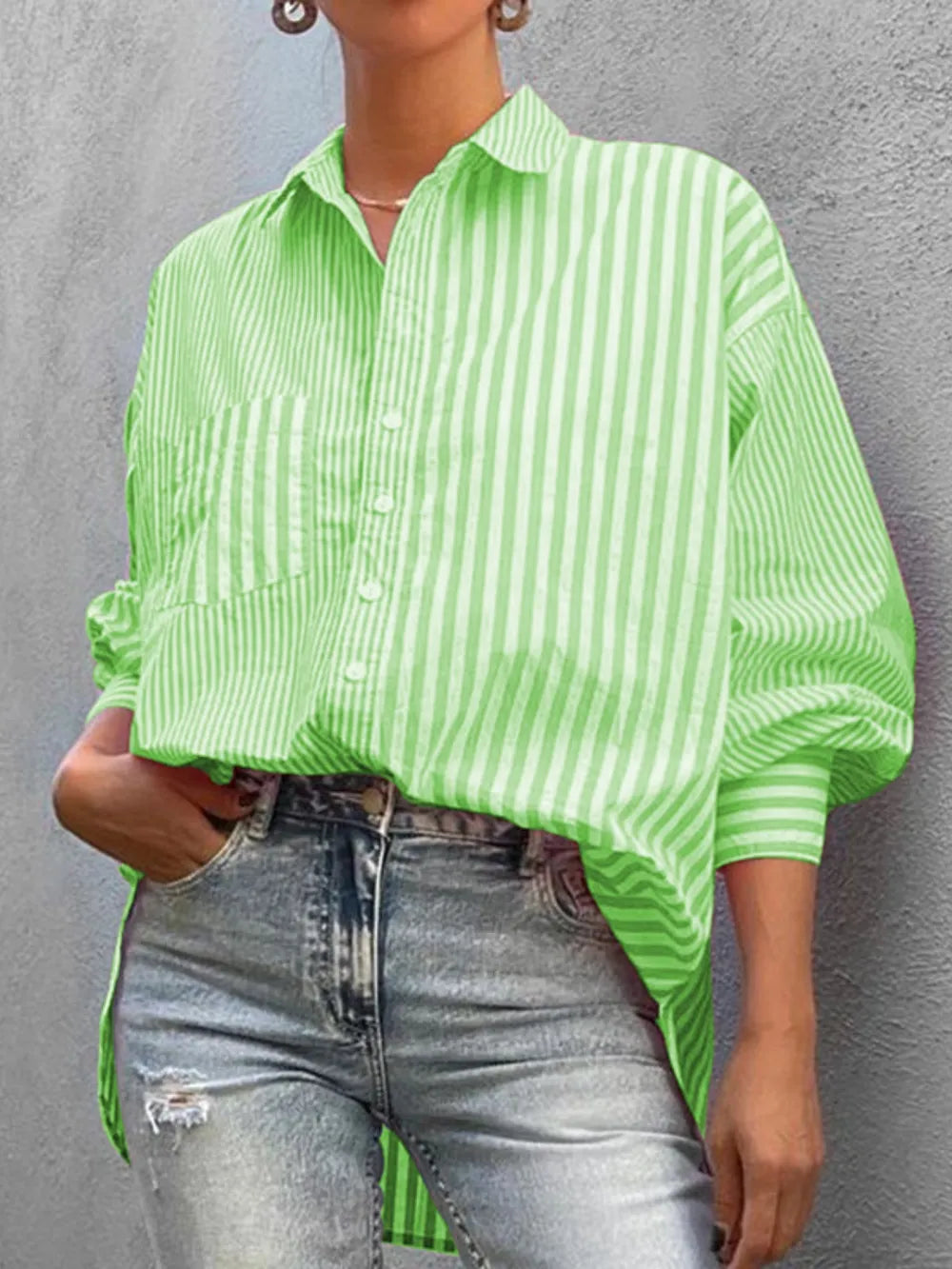 Striped Button Down Long Sleeve Shirt - Women's Down Shirt Tops by Trendsi | Available at Handbags Specialist Headquarter