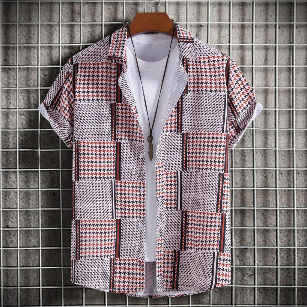 Men's Plus Size Patchwork Plaid Short Sleeve Casual Shirt - mens-shirts by Trendsi | Available at Handbags Specialist Headquarter