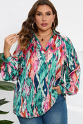Plus Size Printed Johnny Collar Long Sleeve Blouse - Plus Size Shirts by Trendsi | Available at Handbags Specialist Headquarter