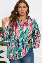 Plus Size Printed Johnny Collar Long Sleeve Blouse - Plus Size Shirts by Trendsi | Available at Handbags Specialist Headquarter