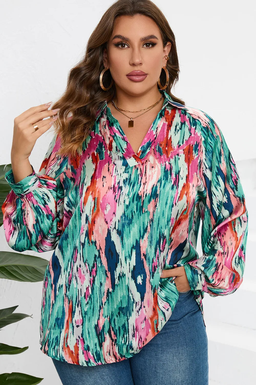 Plus Size Printed Johnny Collar Long Sleeve Blouse - Plus Size Shirts by Trendsi | Available at Handbags Specialist Headquarter
