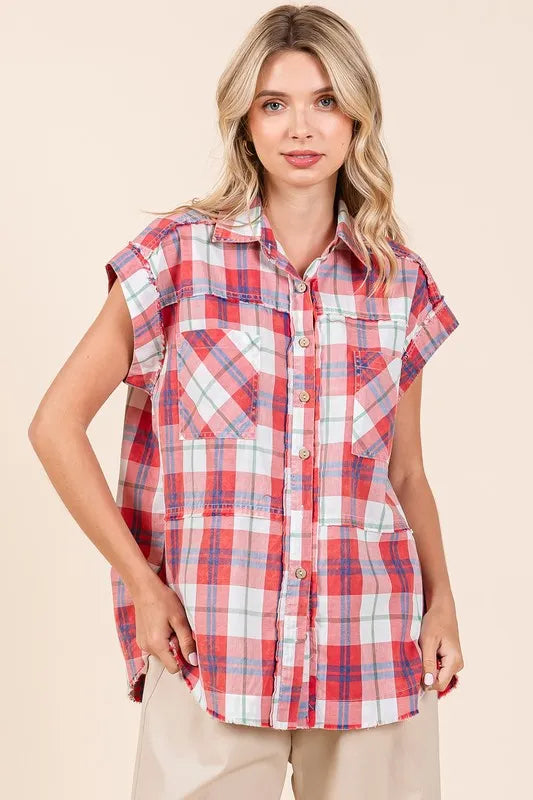 Mittoshop Mineral Wash Plaid Button Down Shirt - Women's Down Shirt Tops by Trendsi | Available at Handbags Specialist Headquarter