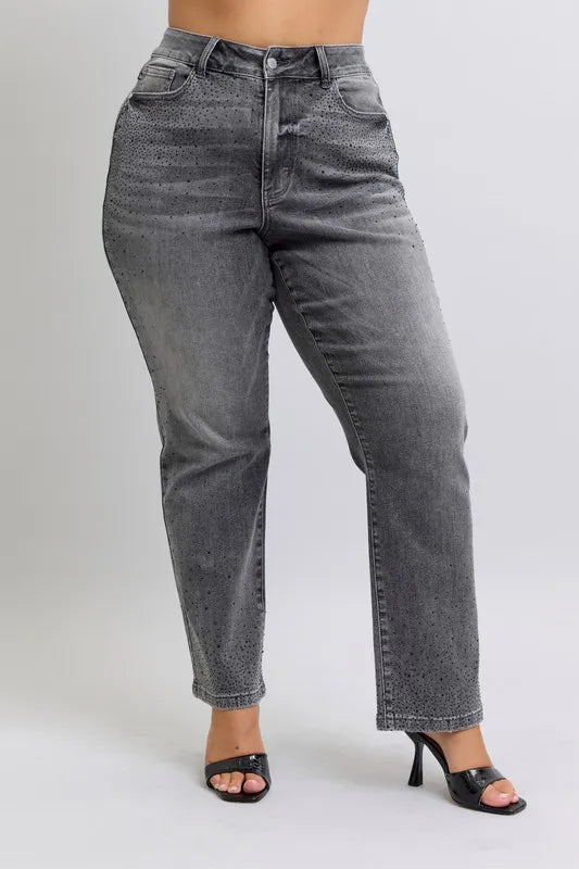 Judy Blue Full Size High Waist Rhinestone Straight Jeans Plus Size - Women / Jeans & Denim by Trendsi | Available at Handbags Specialist Headquarter