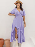 Plus Size Swiss Dot High-Low Surplice Dress - Dresses by Trendsi | Available at Handbags Specialist Headquarter