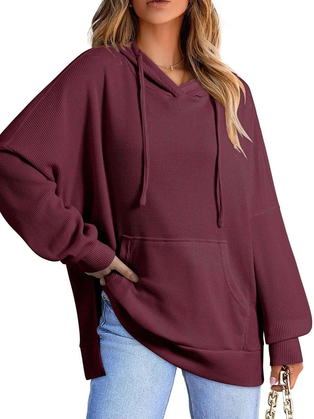 Slit Drawstring Waffle Knit Hoodie - Tops by Trendsi | Available at Handbags Specialist Headquarter
