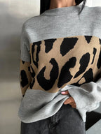 Leopard Color Block Round Neck Sweater - Tops by Trendsi | Available at Handbags Specialist Headquarter