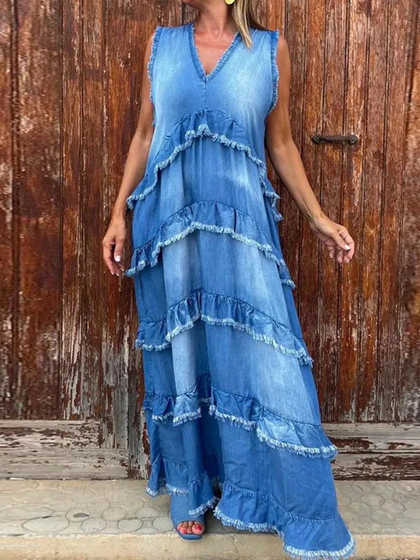 Raw Hem Layered Denim Maxi Dress - Women / Jeans & Denim by Trendsi | Available at Handbags Specialist Headquarter
