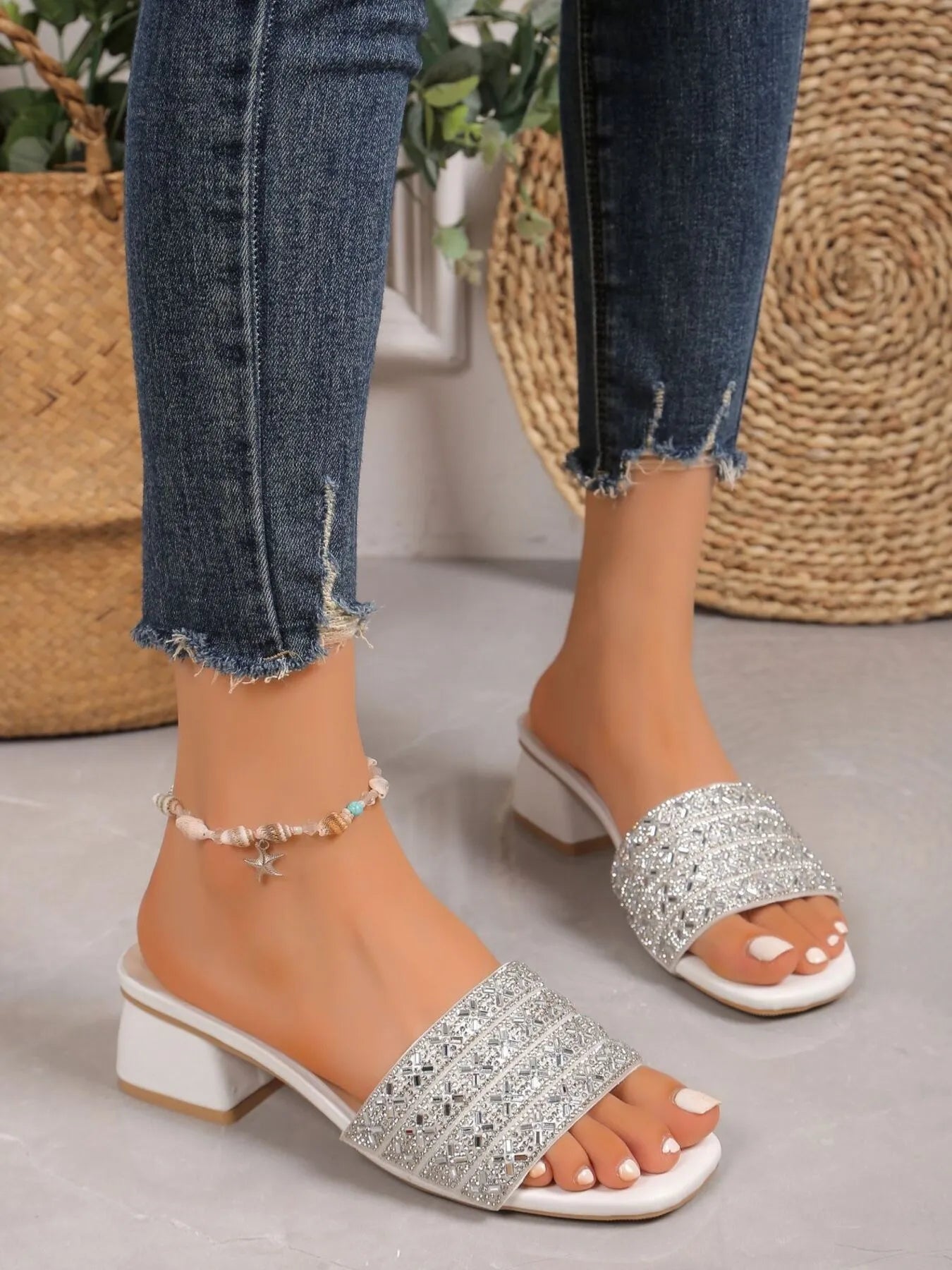 Rhinestone Open Toe Block Heels Sandals - Women Sandals by Trendsi | Available at Handbags Specialist Headquarter