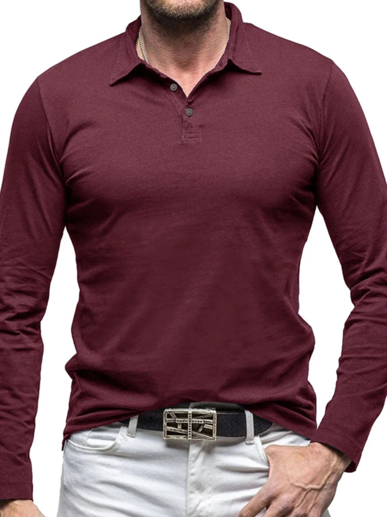 Men's Collared Neck Long Sleeve Polo - Men's Polo shirt by Trendsi | Available at Handbags Specialist Headquarter