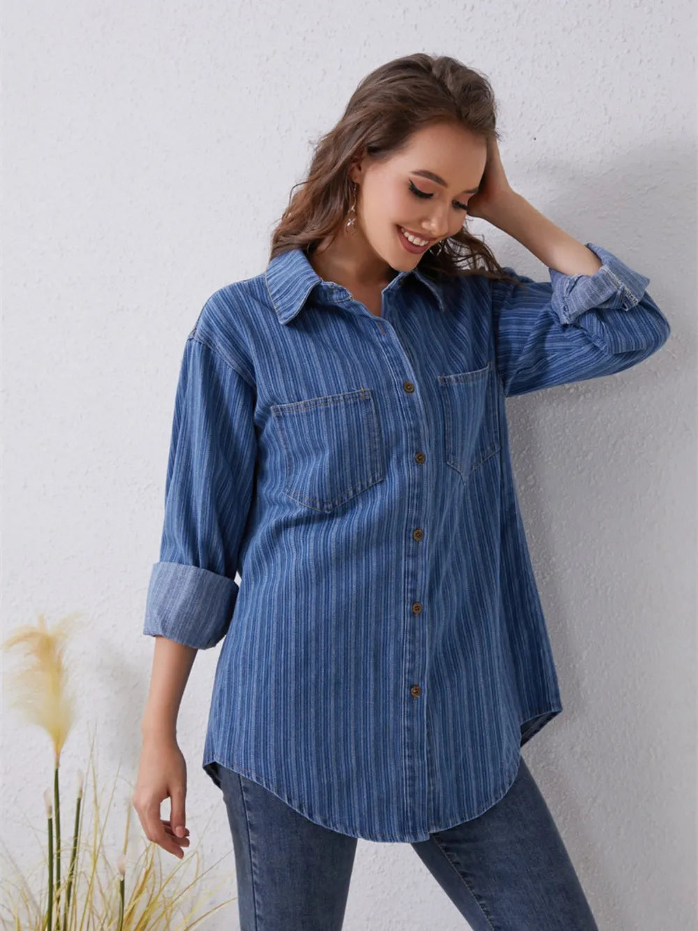 Pocketed Striped Button Up Denim Shirt - Women / Jeans & Denim by Trendsi | Available at Handbags Specialist Headquarter