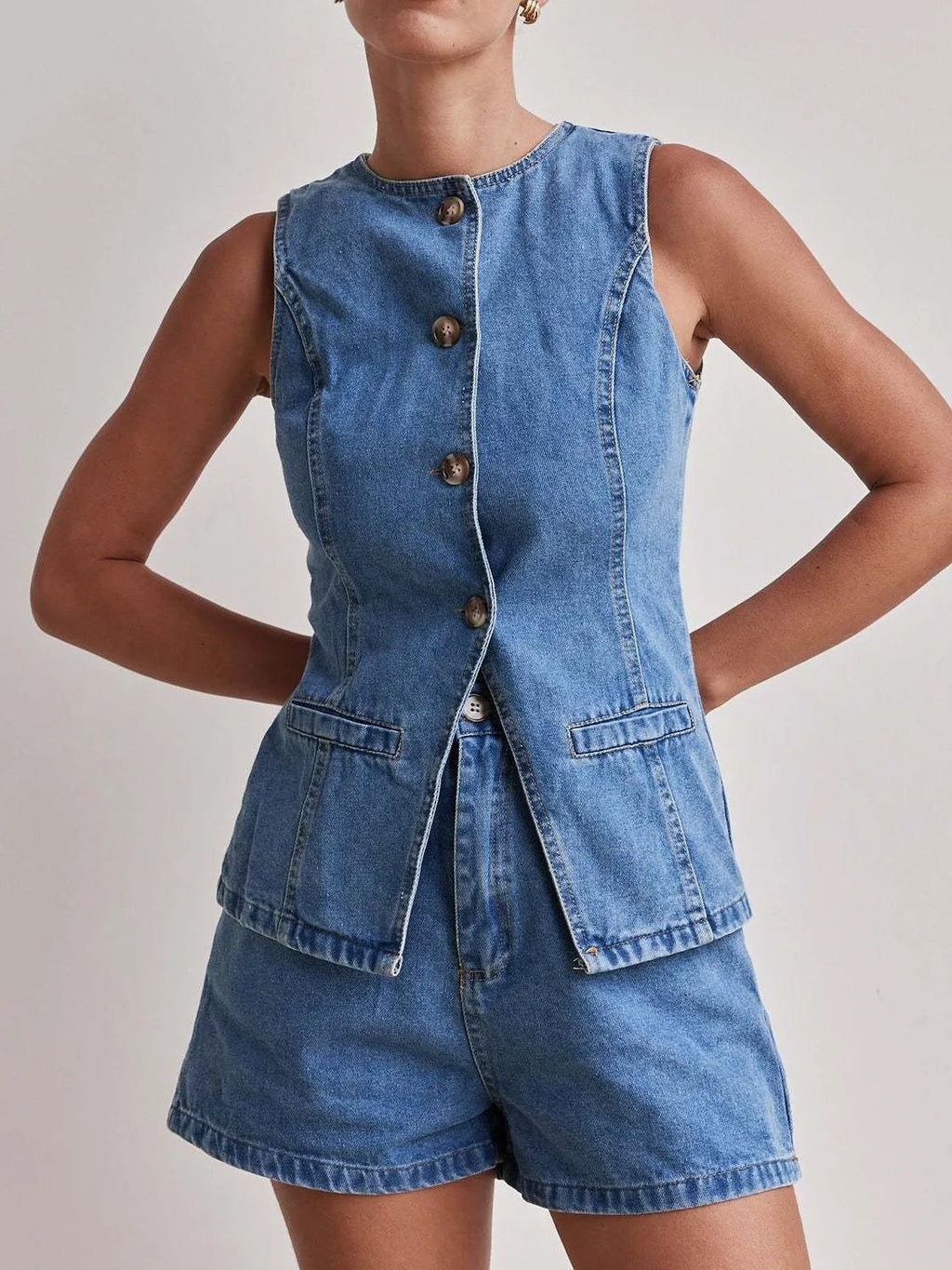 Button Down Vest and Shorts Denim Set - Women / Jeans & Denim by Trendsi | Available at Handbags Specialist Headquarter