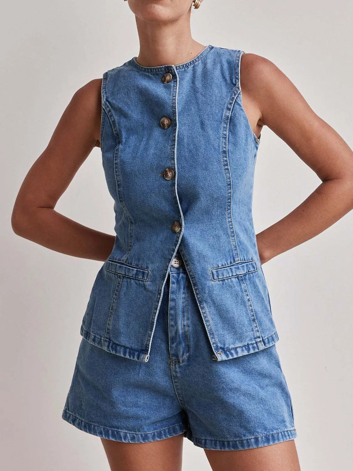 Button Down Vest and Shorts Denim Set - Women / Jeans & Denim by Trendsi | Available at Handbags Specialist Headquarter