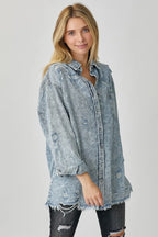 RISEN Distressed Raw Hem Denim Shirt - Women / Jeans & Denim by Trendsi | Available at Handbags Specialist Headquarter