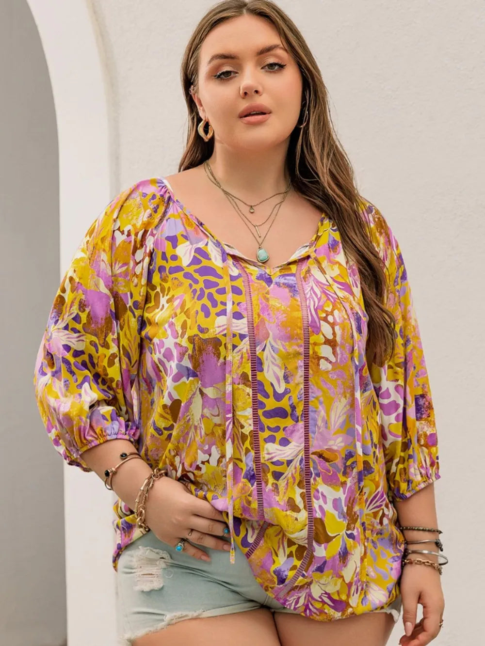 Plus Size Printed Tie Neck Blouse - Plus Size Shirts by Trendsi | Available at Handbags Specialist Headquarter
