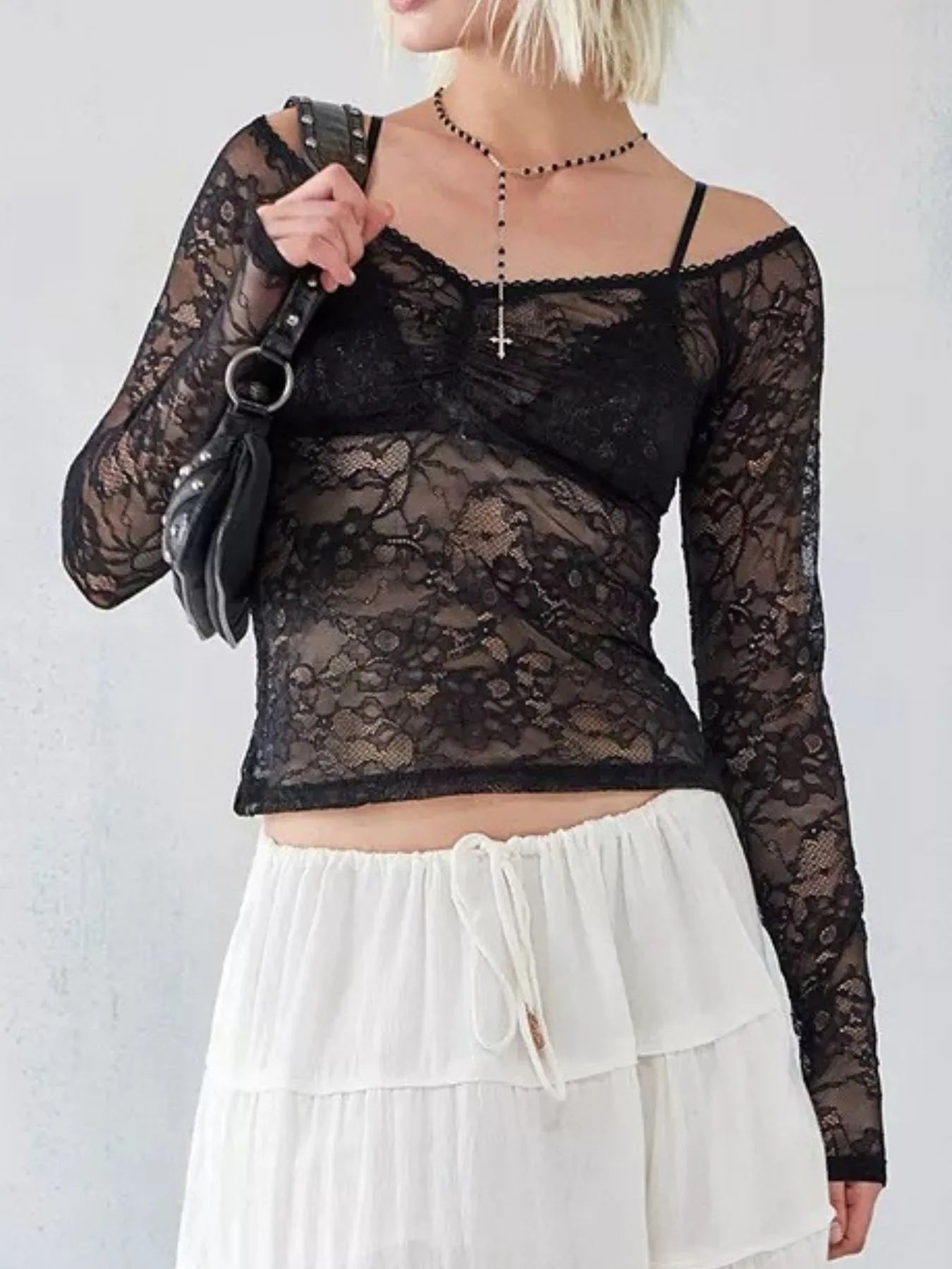 Lace Sheer Long Sleeve T-Shirt - Tops by Trendsi | Available at Handbags Specialist Headquarter