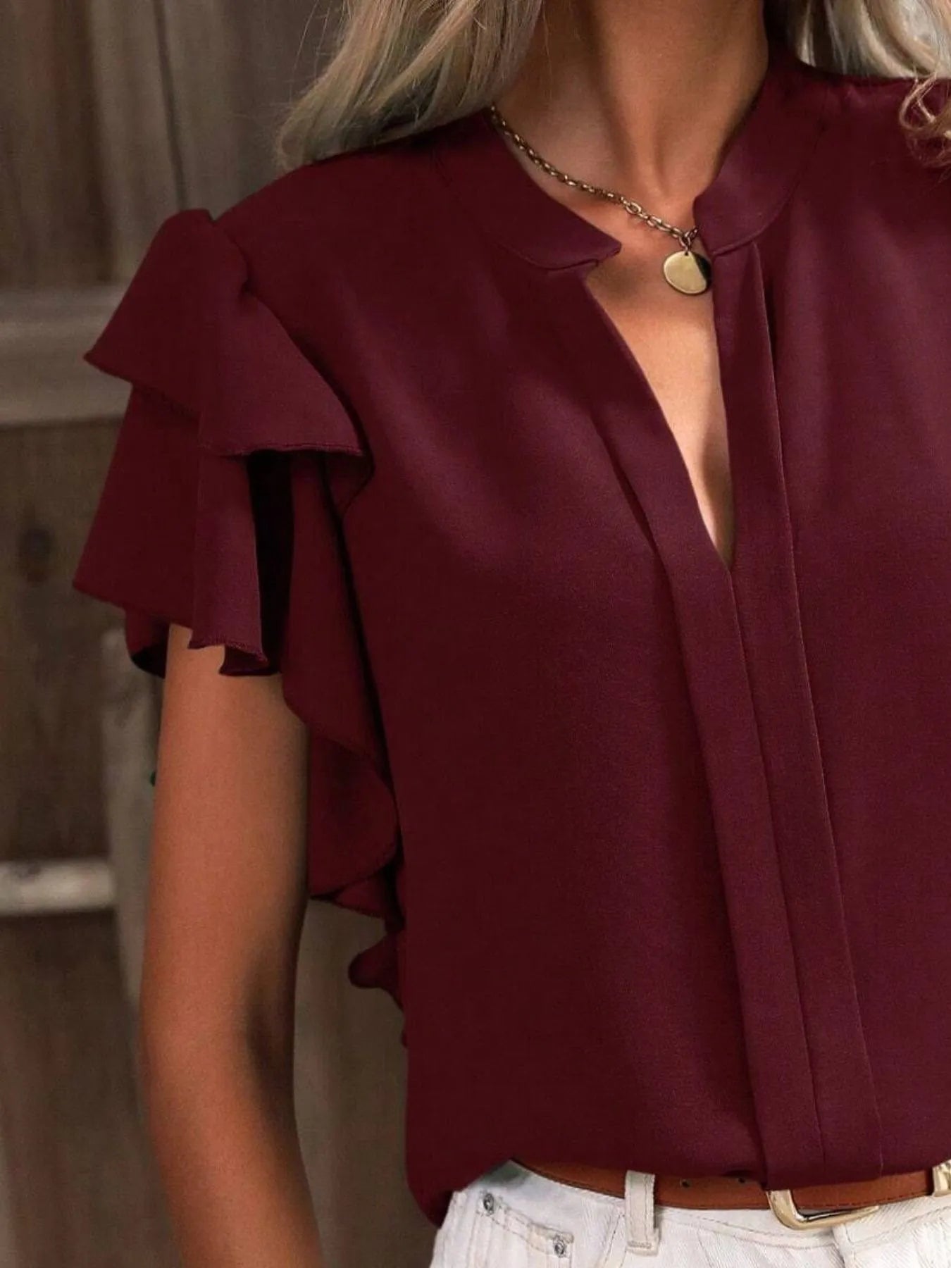 Ruffle Sleeve Notched Blouse - Tops by Trendsi | Available at Handbags Specialist Headquarter