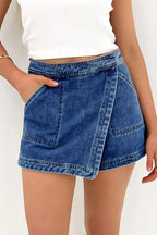 Asymmetrical Denim Skort with Pockets - Women / Jeans & Denim by Trendsi | Available at Handbags Specialist Headquarter