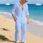 BreezeLuxe Linen Hooded Casual Set – Shirt & Pants