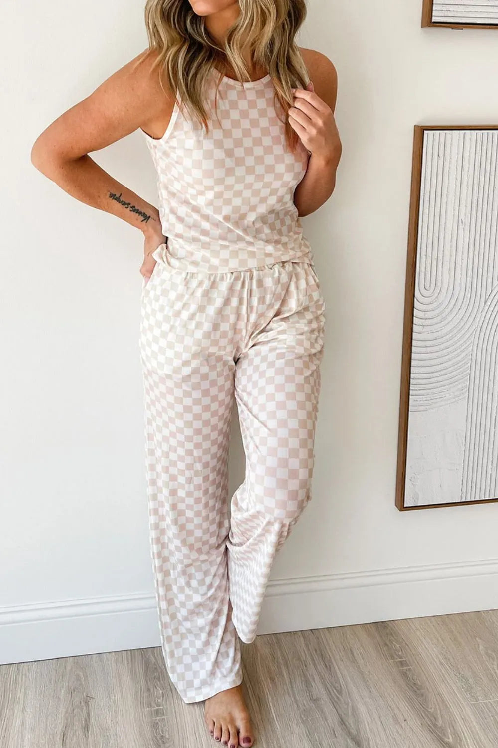 Ribbed Texture Checkered Print Tank and Pants Set - Sleepwear by Trendsi | Available at Handbags Specialist Headquarter