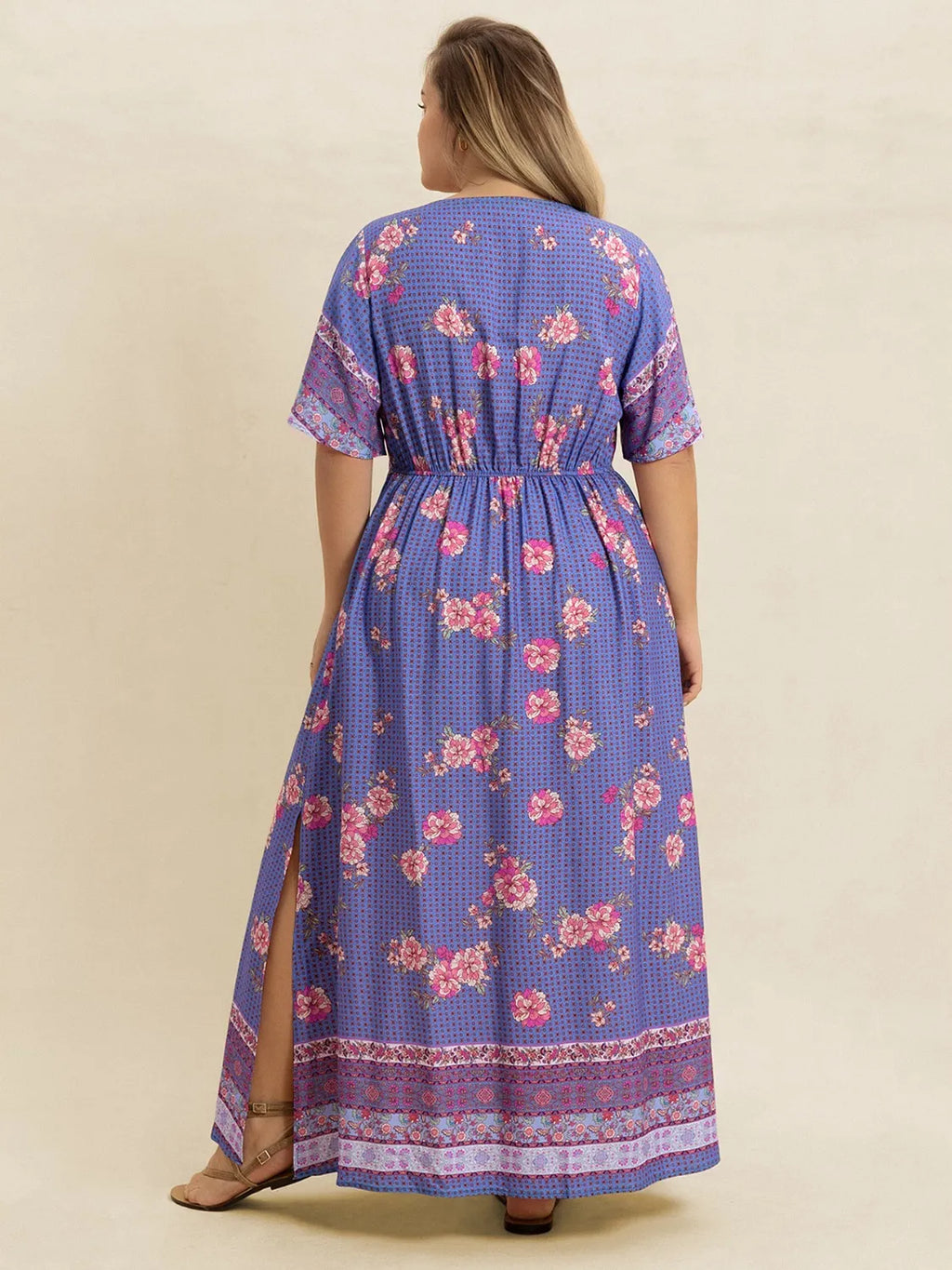 Plus Size Printed V-Neck Flutter Sleeve Dress - Dresses by Trendsi | Available at Handbags Specialist Headquarter