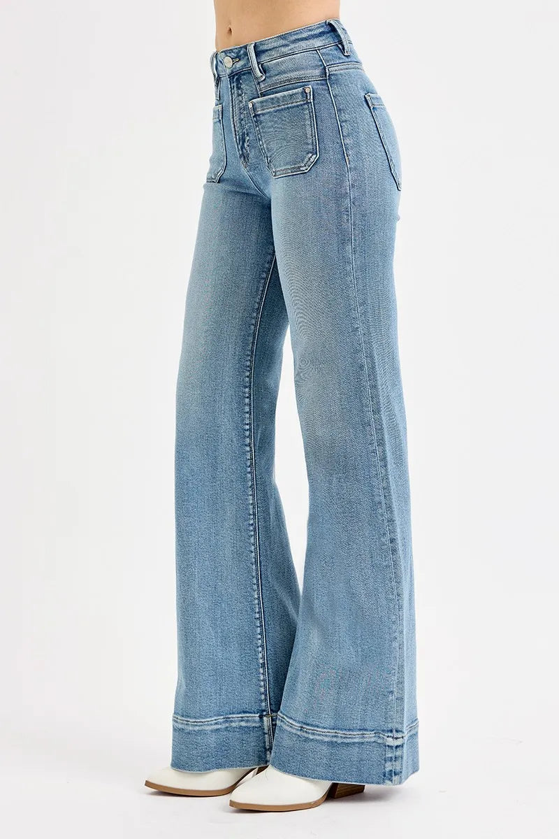 RISEN Full Size High Rise Wide Flare Patch Pocket Jeans Plus Size - Women / Jeans & Denim by Trendsi | Available at Handbags Specialist Headquarter