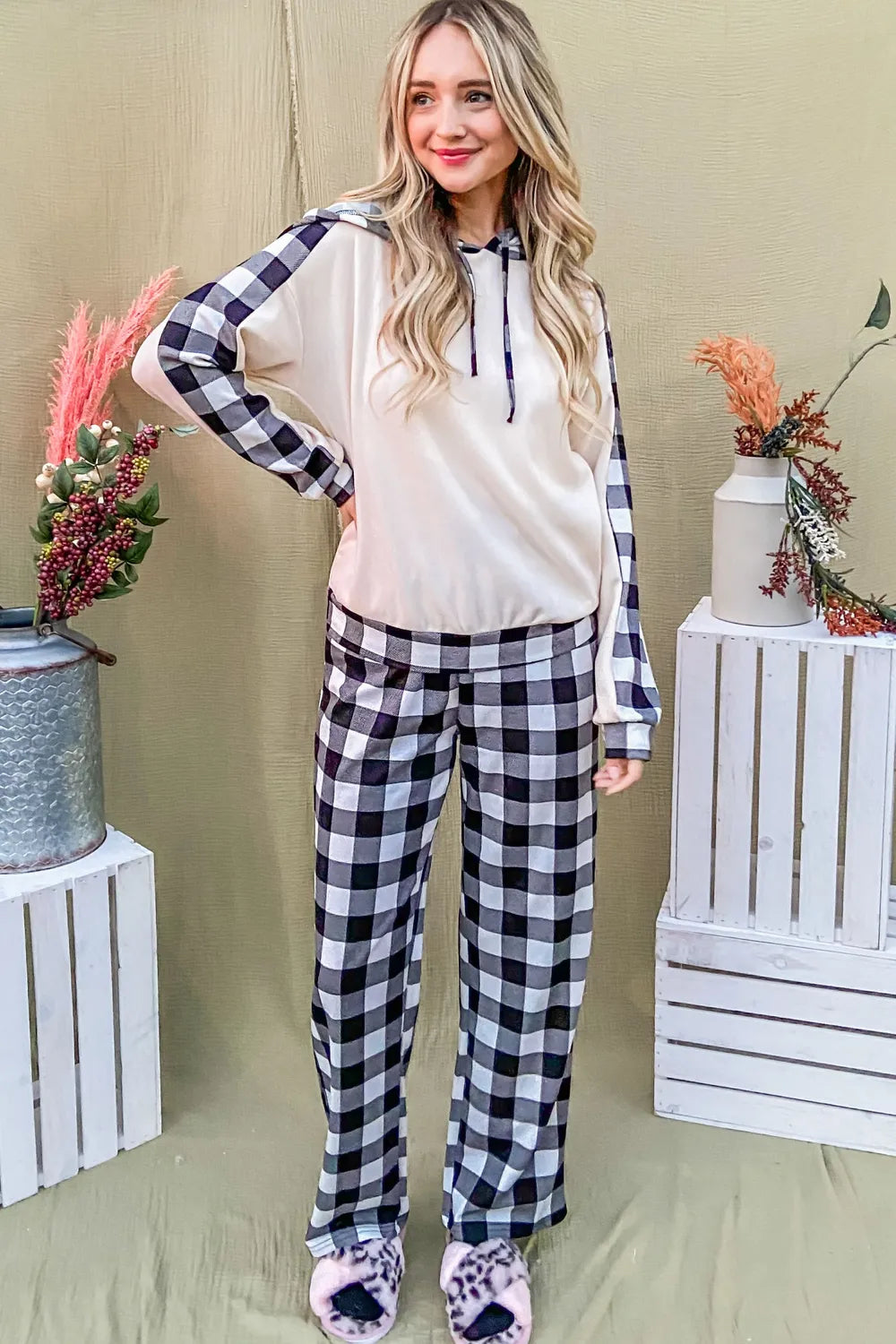 And The Why Drawstring Hooded Top and Plaid Pants Lounge Set - Sleepwear by Trendsi | Available at Handbags Specialist Headquarter