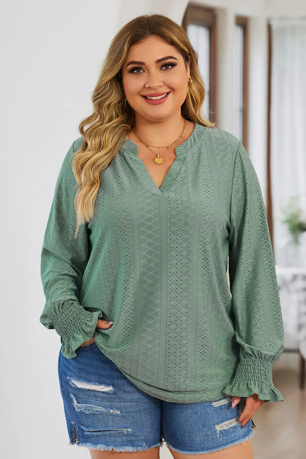 Plus Size Eyelet Notched Flounce Sleeve Blouse - Plus Size Shirts by Trendsi | Available at Handbags Specialist Headquarter