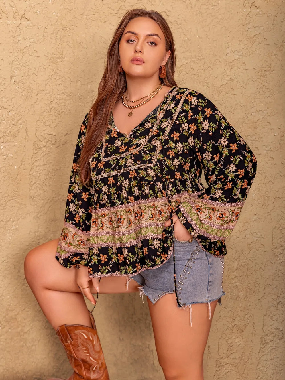 Plus Size Printed Tie Neck Balloon Sleeve Blouse - Plus Size Shirts by Trendsi | Available at Handbags Specialist Headquarter