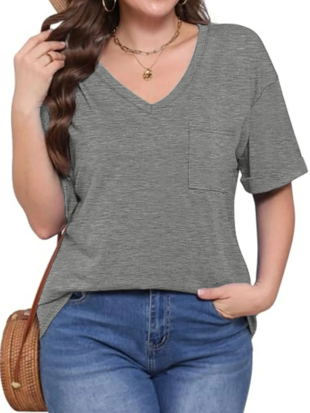 V-Neck Pocket T-Shirt - Tops by Trendsi | Available at Handbags Specialist Headquarter