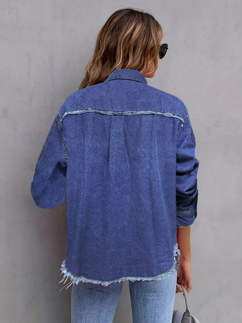 Pocketed Collared Neck Long Sleeve Denim Shirt - Women / Jeans & Denim by Trendsi | Available at Handbags Specialist Headquarter